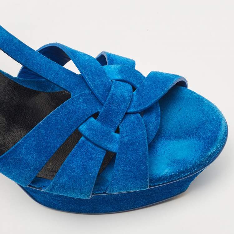 Pre Owned Saint Laurent Blue Suede Tribute Ankle Strap Sandals Size 37