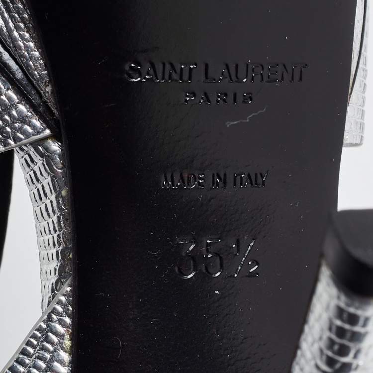 Pre Owned Saint Laurent Silver Lizard Embossed Leather Tribute Sandals Size 35.5