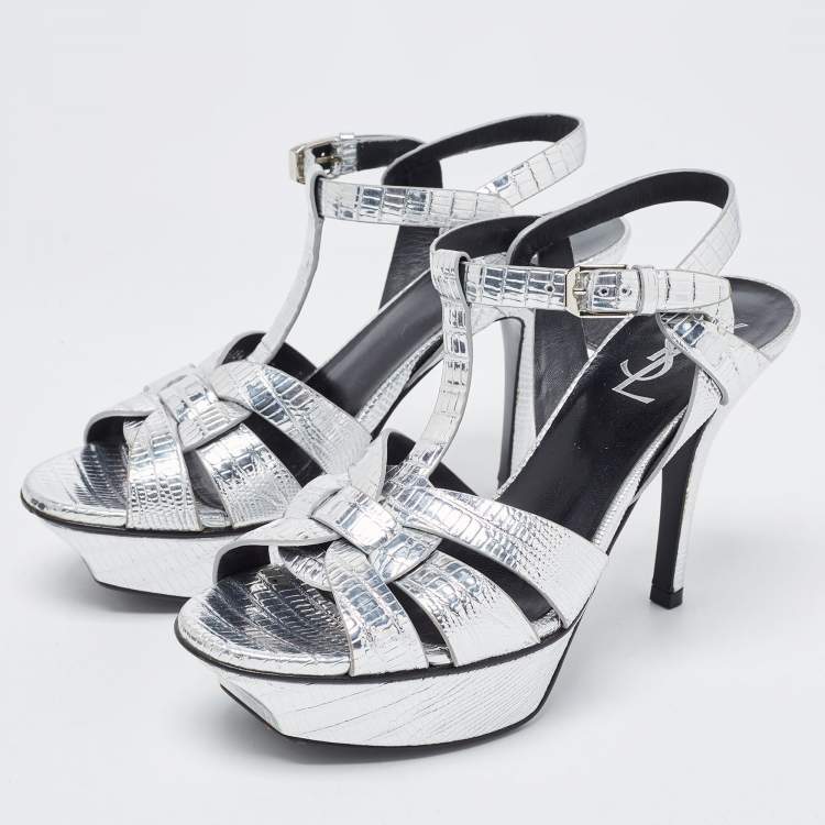 Pre Owned Saint Laurent Silver Lizard Embossed Leather Tribute Sandals Size 35.5