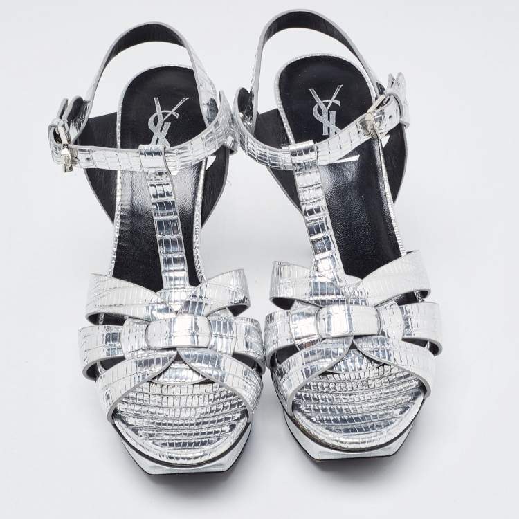 Pre Owned Saint Laurent Silver Lizard Embossed Leather Tribute Sandals Size 35.5
