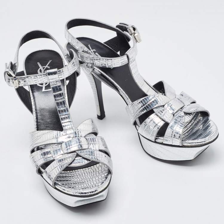 Pre Owned Saint Laurent Silver Lizard Embossed Leather Tribute Sandals Size 35.5