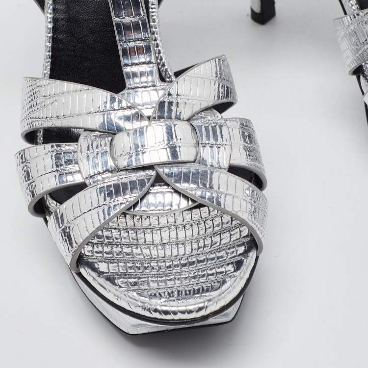 Pre Owned Saint Laurent Silver Lizard Embossed Leather Tribute Sandals Size 35.5