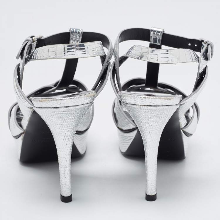 Pre Owned Saint Laurent Silver Lizard Embossed Leather Tribute Sandals Size 35.5