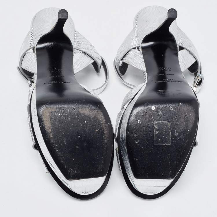 Pre Owned Saint Laurent Silver Lizard Embossed Leather Tribute Sandals Size 35.5