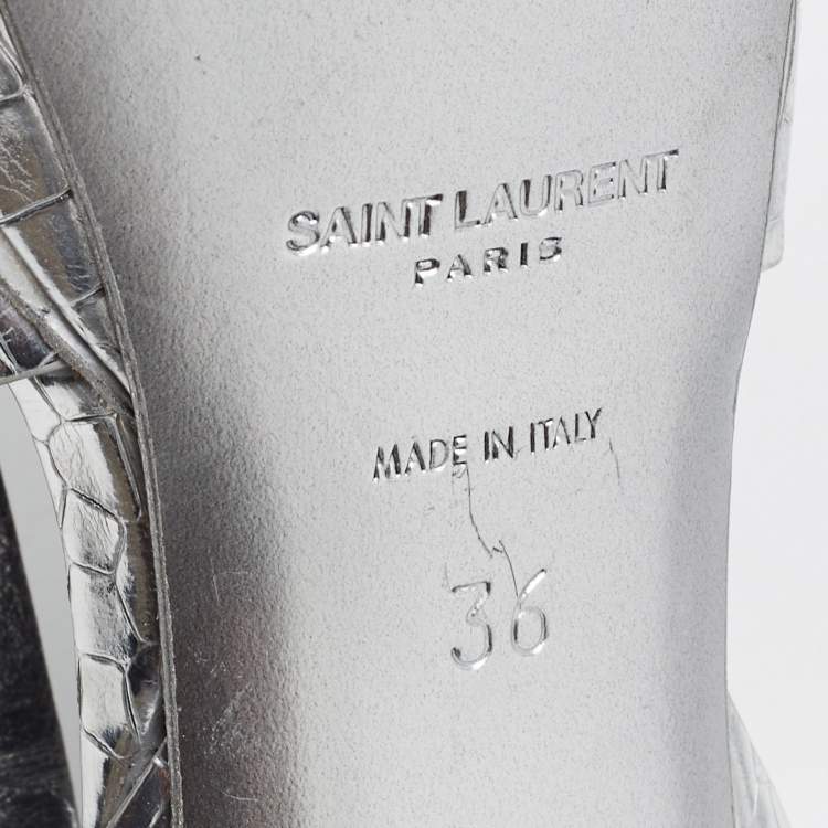 مملوكة مسبقًا Saint Laurent Silver Croc Embossed Leather Tribute Sandals Size 36