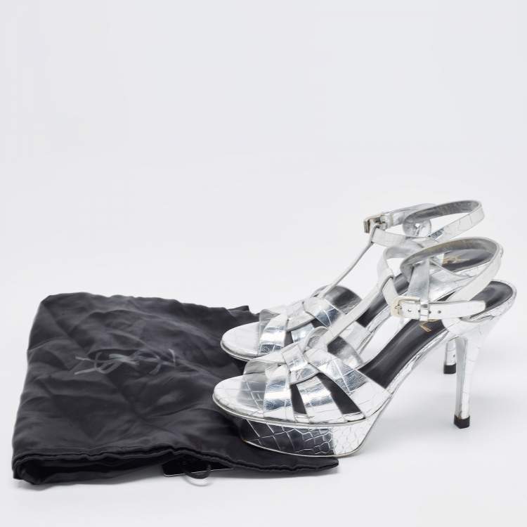 مملوكة مسبقًا Saint Laurent Silver Croc Embossed Leather Tribute Sandals Size 36