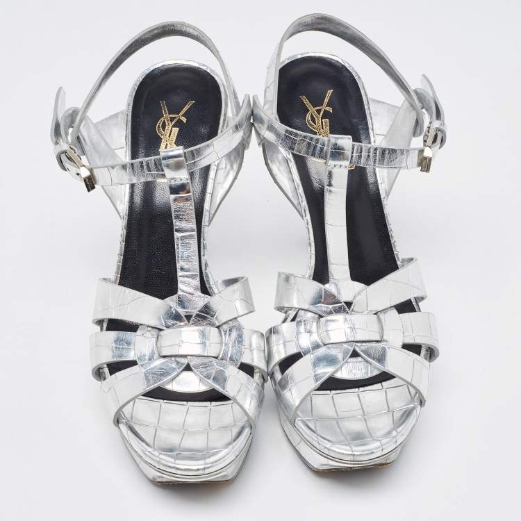 مملوكة مسبقًا Saint Laurent Silver Croc Embossed Leather Tribute Sandals Size 36