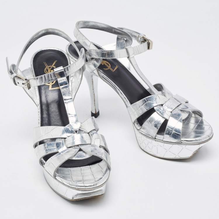 مملوكة مسبقًا Saint Laurent Silver Croc Embossed Leather Tribute Sandals Size 36