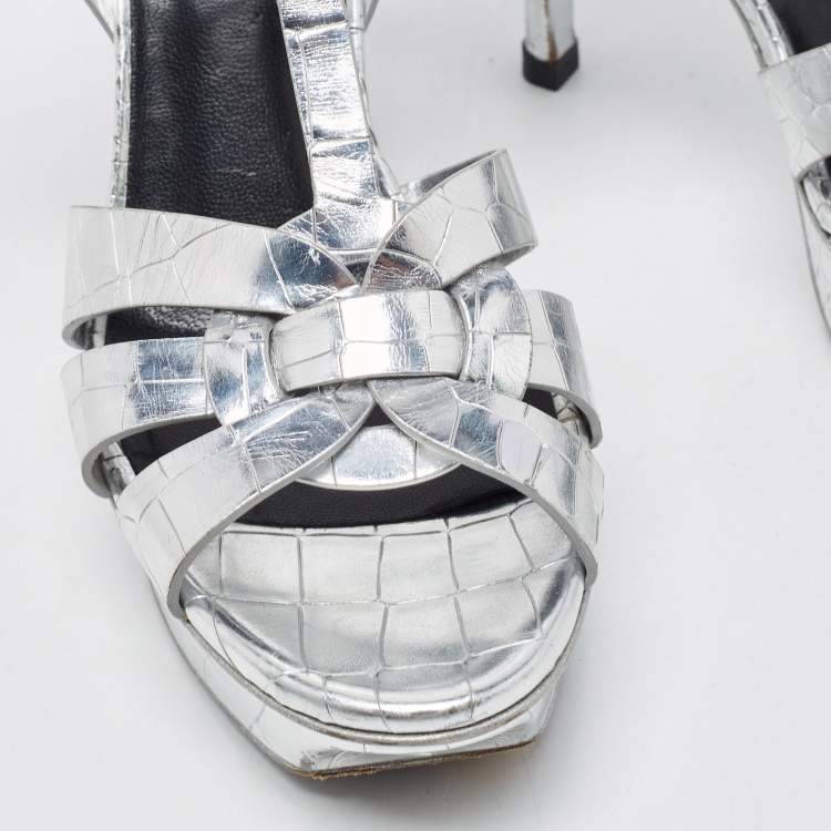 مملوكة مسبقًا Saint Laurent Silver Croc Embossed Leather Tribute Sandals Size 36