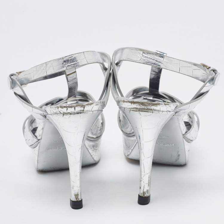 مملوكة مسبقًا Saint Laurent Silver Croc Embossed Leather Tribute Sandals Size 36