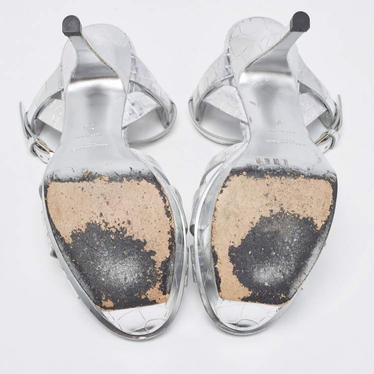 مملوكة مسبقًا Saint Laurent Silver Croc Embossed Leather Tribute Sandals Size 36