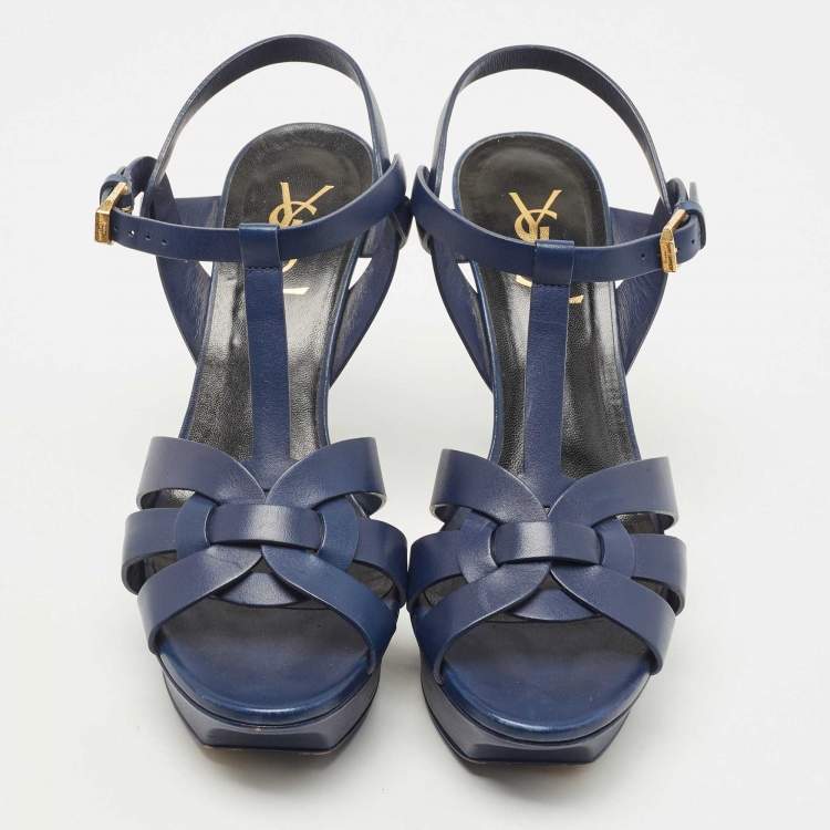 Pre Owned Saint Laurent Navy Blue Leather Tribute Sandals Size 37.5
