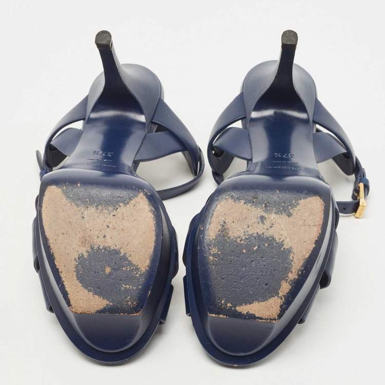 Pre Owned Saint Laurent Navy Blue Leather Tribute Sandals Size 37.5