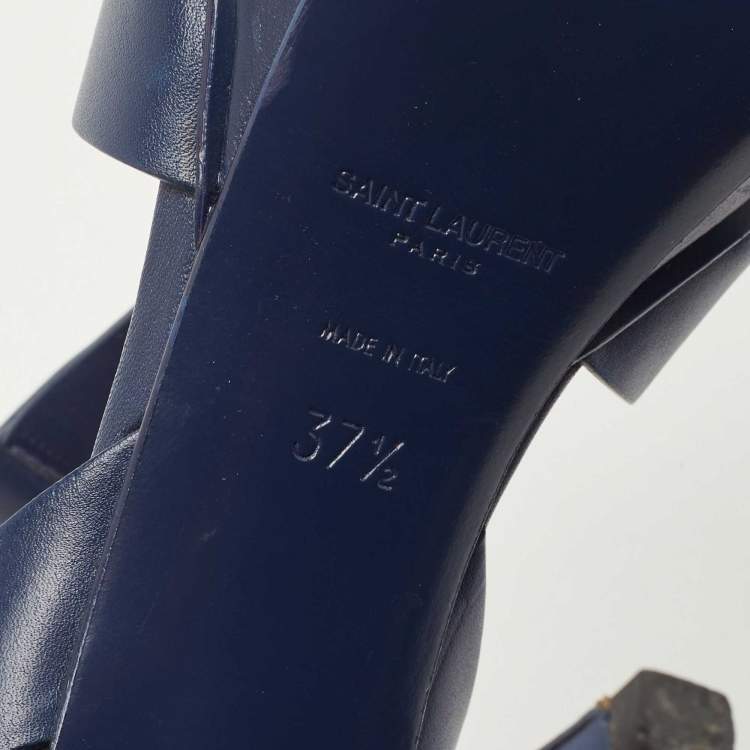 Pre Owned Saint Laurent Navy Blue Leather Tribute Sandals Size 37.5