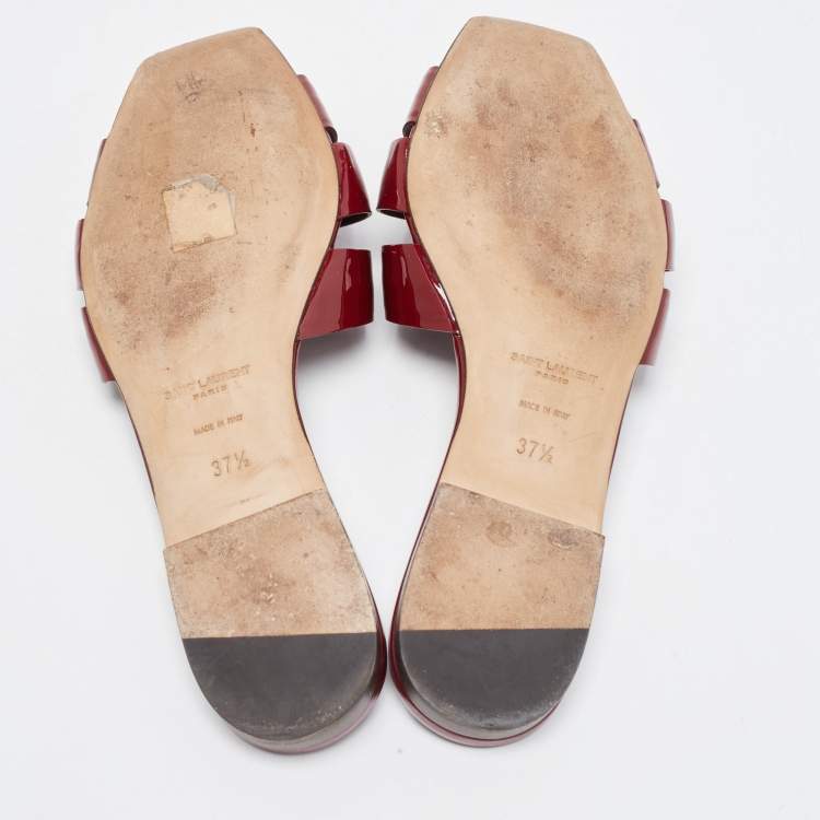 Pre Owned Saint Laurent Burgundy Patent Leather Tribute Flat Slides Size 37.5