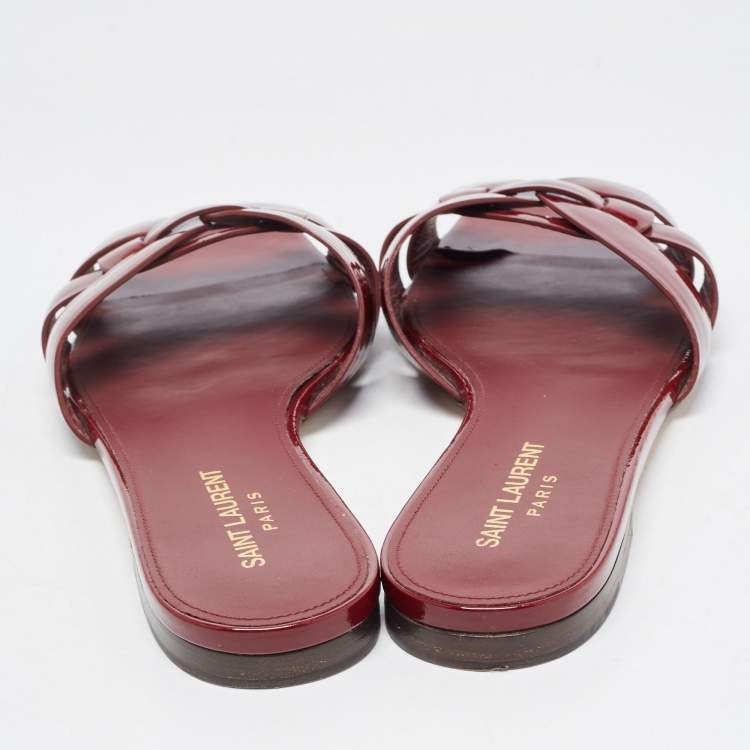 Pre Owned Saint Laurent Burgundy Patent Leather Tribute Flat Slides Size 37.5