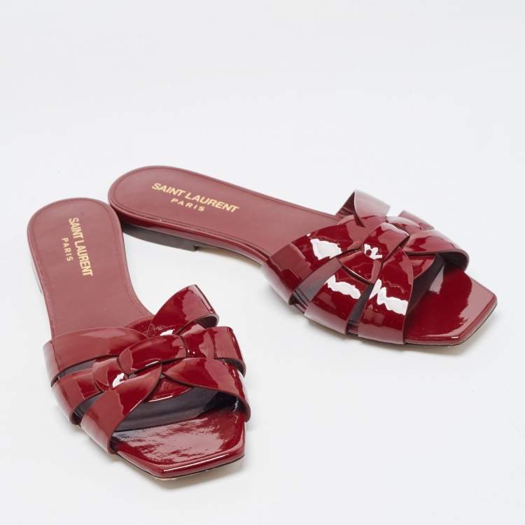 Pre Owned Saint Laurent Burgundy Patent Leather Tribute Flat Slides Size 37.5