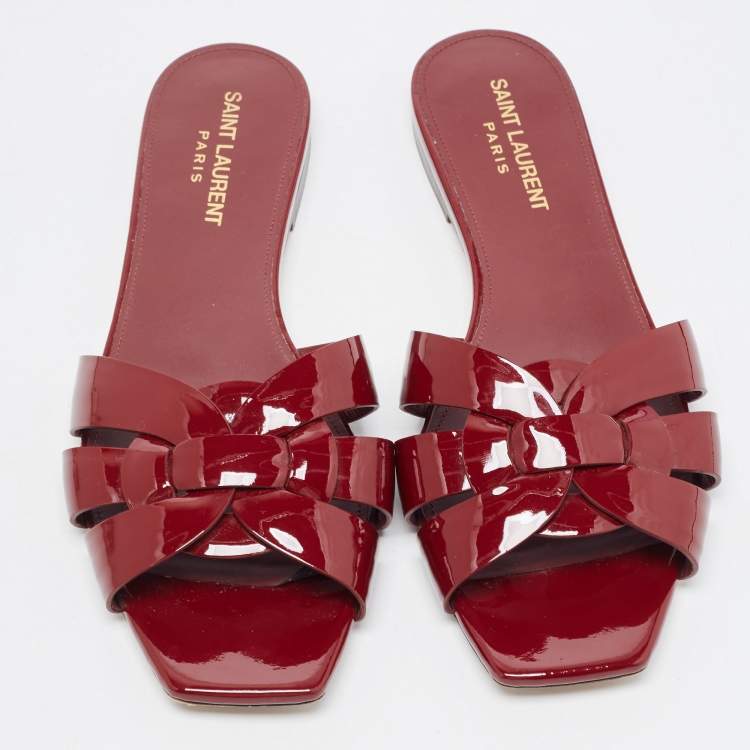 Pre Owned Saint Laurent Burgundy Patent Leather Tribute Flat Slides Size 37.5