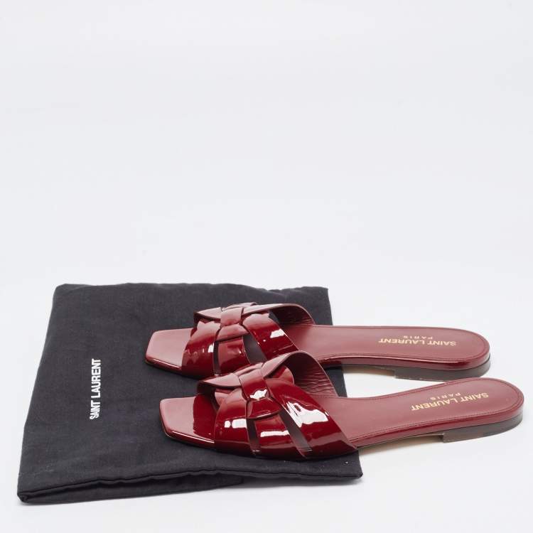 Pre Owned Saint Laurent Burgundy Patent Leather Tribute Flat Slides Size 37.5