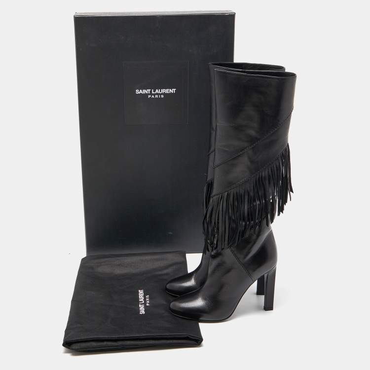 مملوكة مسبقًا Saint Laurent Black Leather Fringe Grace Knee Length Boots Size 38.5