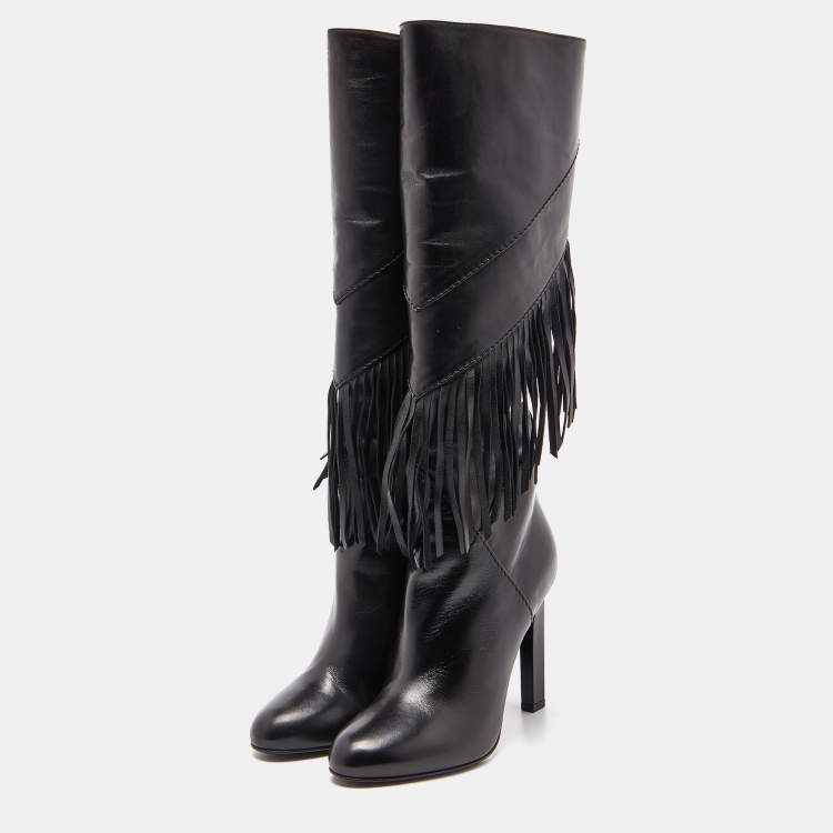 مملوكة مسبقًا Saint Laurent Black Leather Fringe Grace Knee Length Boots Size 38.5