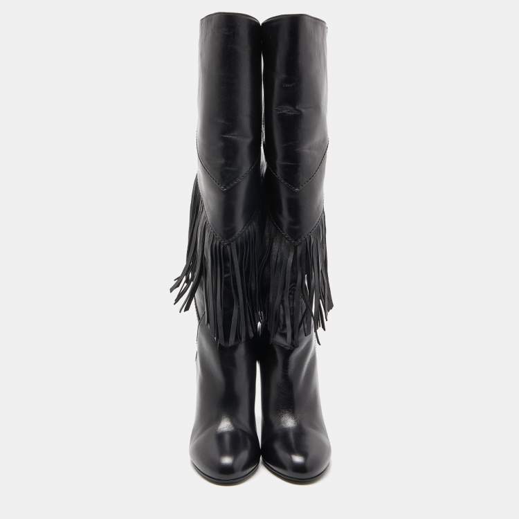 مملوكة مسبقًا Saint Laurent Black Leather Fringe Grace Knee Length Boots Size 38.5