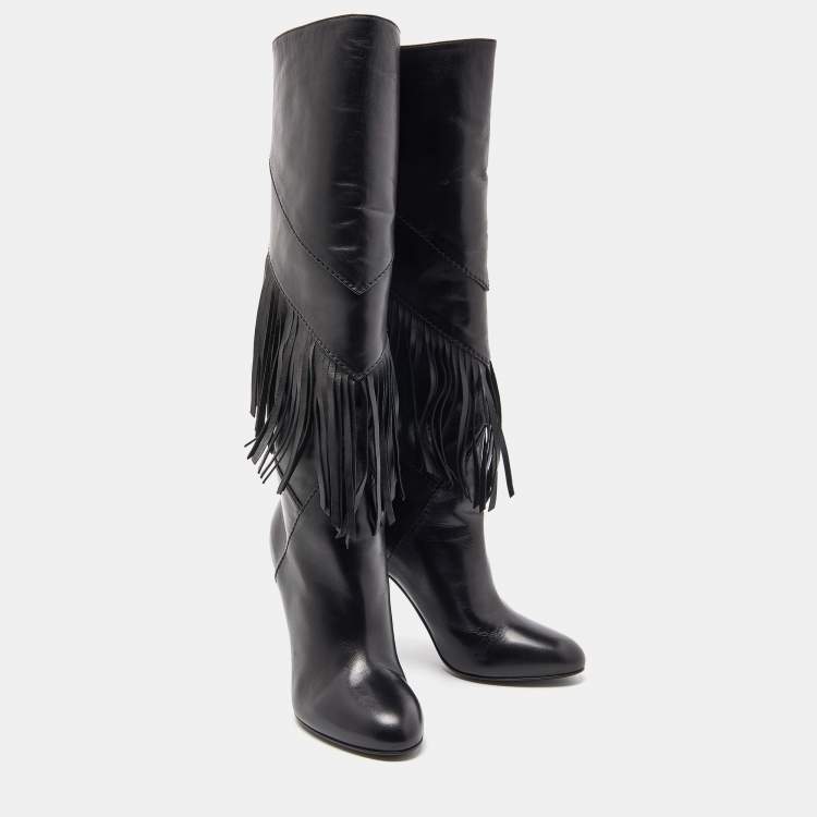 مملوكة مسبقًا Saint Laurent Black Leather Fringe Grace Knee Length Boots Size 38.5