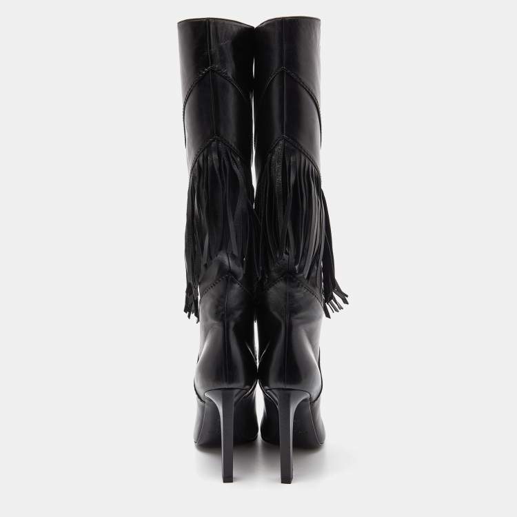 مملوكة مسبقًا Saint Laurent Black Leather Fringe Grace Knee Length Boots Size 38.5