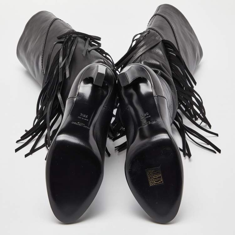 مملوكة مسبقًا Saint Laurent Black Leather Fringe Grace Knee Length Boots Size 38.5