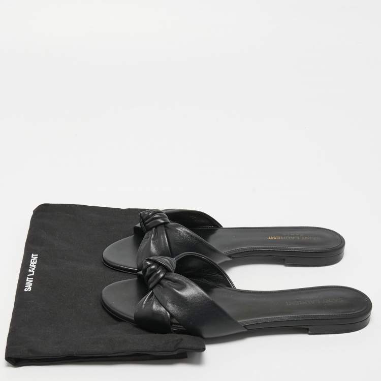 Pre Owned Saint Laurent Black Leather Bianca Knotted Flat Slides Size 38.5