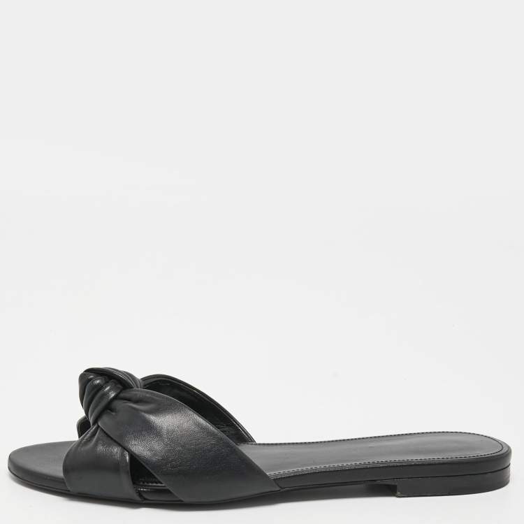 Pre Owned Saint Laurent Black Leather Bianca Knotted Flat Slides Size 38.5