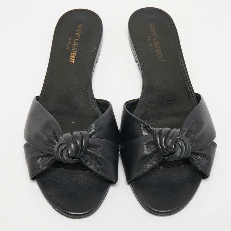 Pre Owned Saint Laurent Black Leather Bianca Knotted Flat Slides Size 38.5