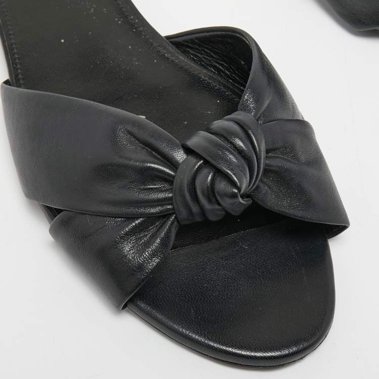 Pre Owned Saint Laurent Black Leather Bianca Knotted Flat Slides Size 38.5