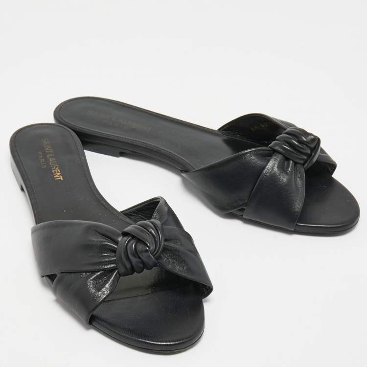 Pre Owned Saint Laurent Black Leather Bianca Knotted Flat Slides Size 38.5