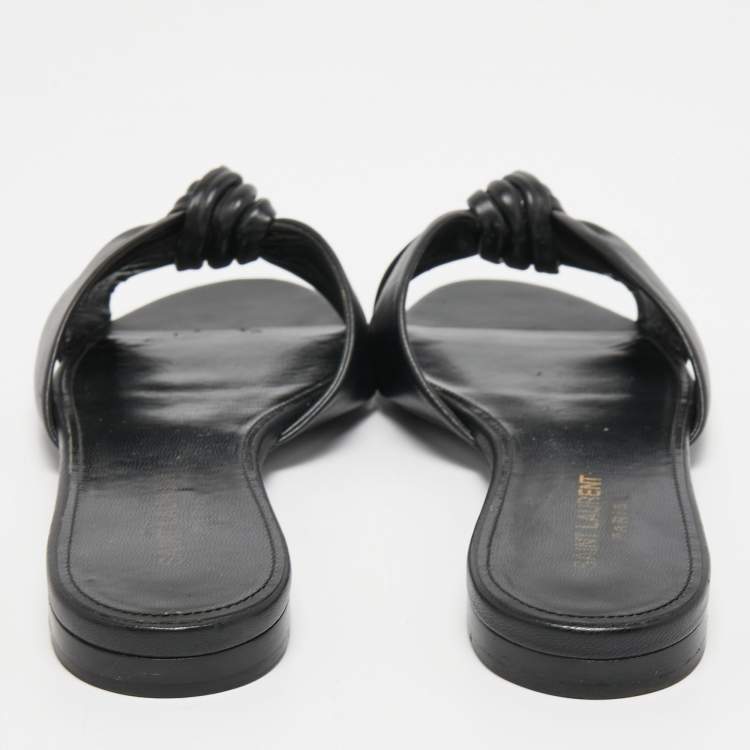 Pre Owned Saint Laurent Black Leather Bianca Knotted Flat Slides Size 38.5