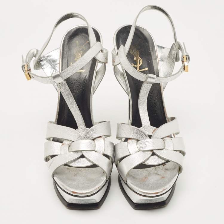 Pre Owned Saint Laurent Silver Leather Tribute Sandals Size 41