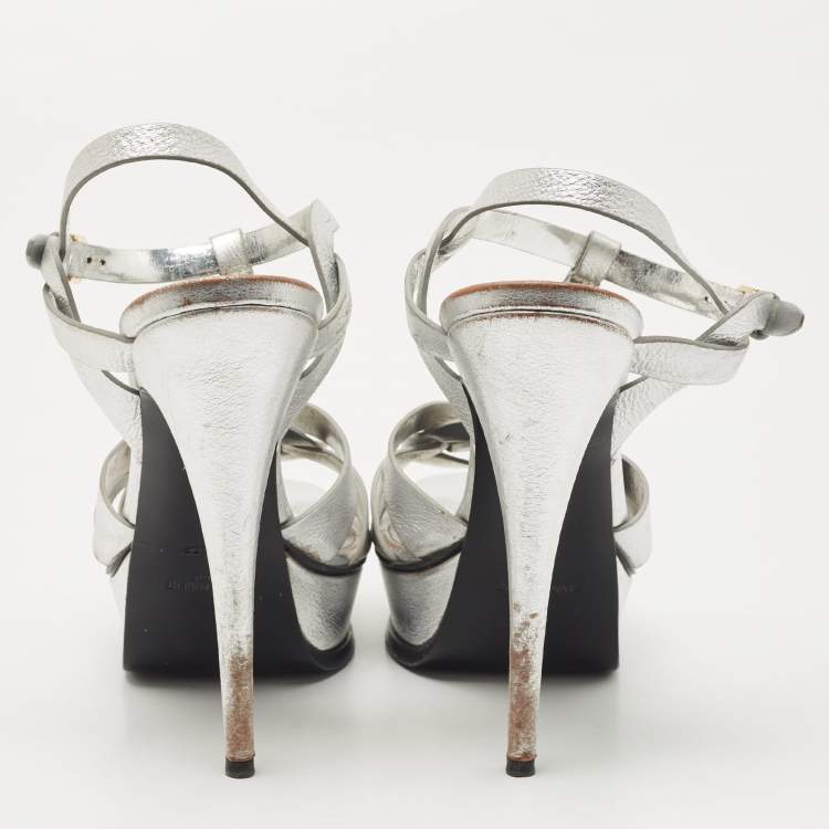 Pre Owned Saint Laurent Silver Leather Tribute Sandals Size 41