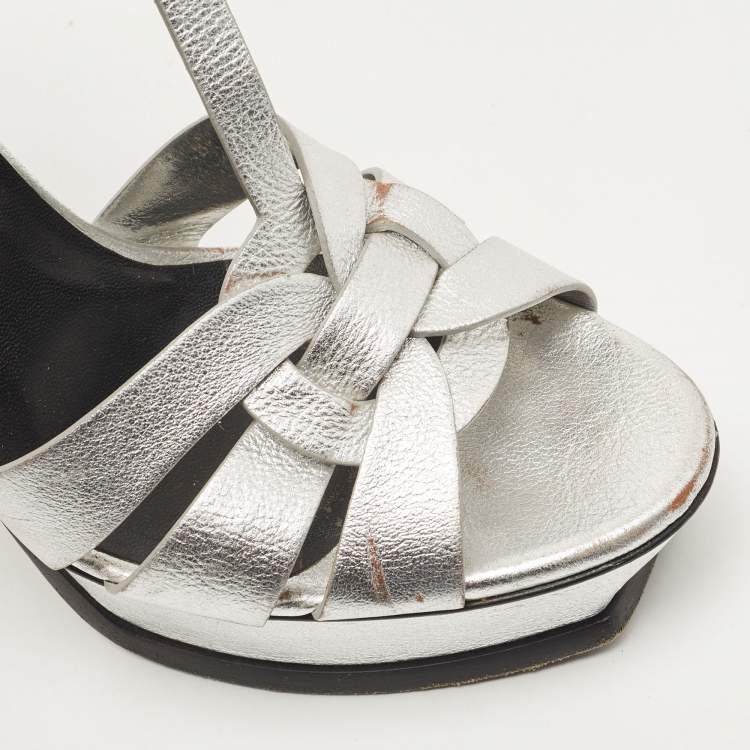 Pre Owned Saint Laurent Silver Leather Tribute Sandals Size 41