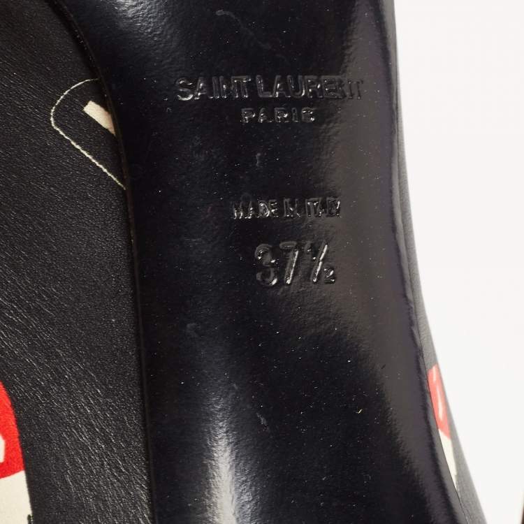 Pre Owned Saint Laurent Black Lipstick Print Leather Pointed Toe Pumps Size 37.5