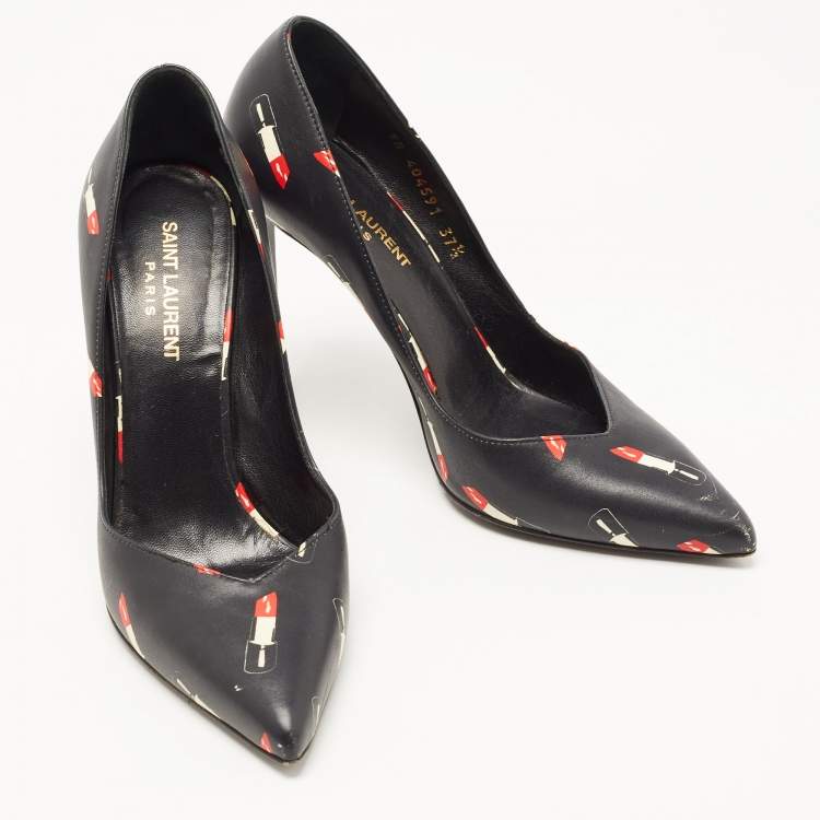 Pre Owned Saint Laurent Black Lipstick Print Leather Pointed Toe Pumps Size 37.5