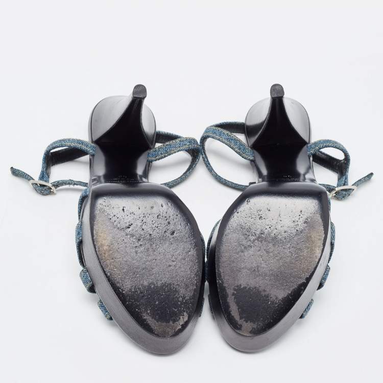 Pre Owned Saint Laurent Blue/Black Denim and Studded Leather Platform Ankle Strap Sandals Size 38