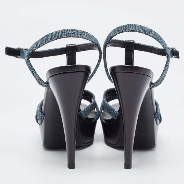 Pre Owned Saint Laurent Blue/Black Denim and Studded Leather Platform Ankle Strap Sandals Size 38