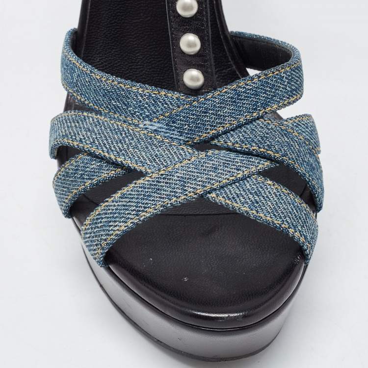 Pre Owned Saint Laurent Blue/Black Denim and Studded Leather Platform Ankle Strap Sandals Size 38