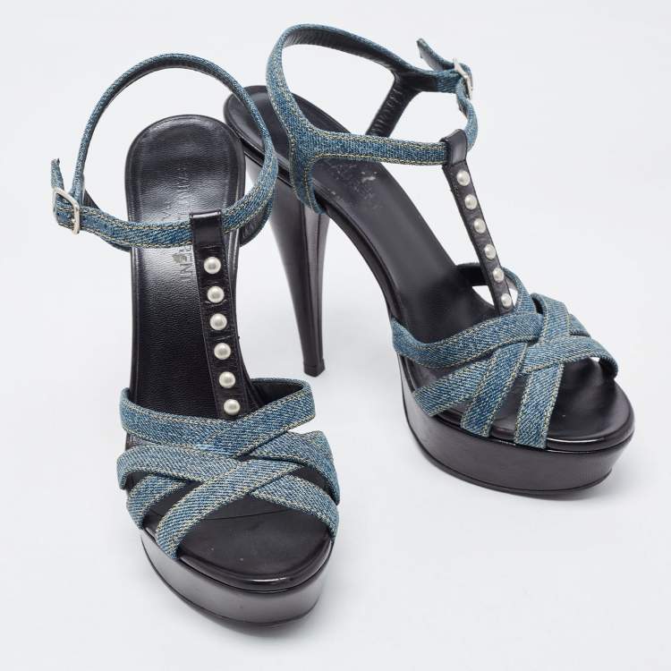 Pre Owned Saint Laurent Blue/Black Denim and Studded Leather Platform Ankle Strap Sandals Size 38
