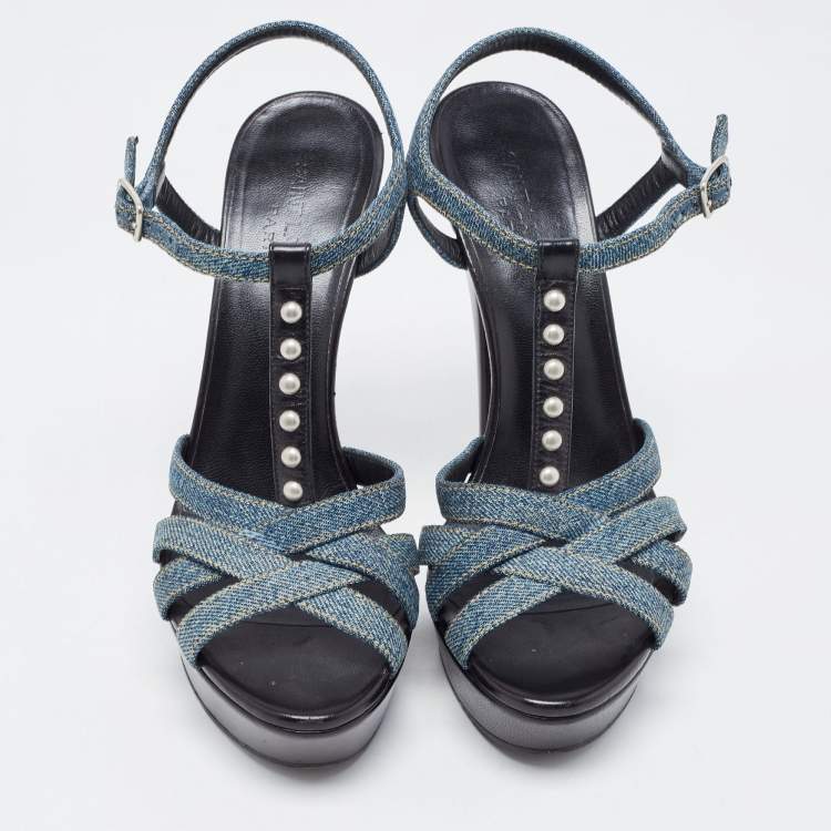 Pre Owned Saint Laurent Blue/Black Denim and Studded Leather Platform Ankle Strap Sandals Size 38