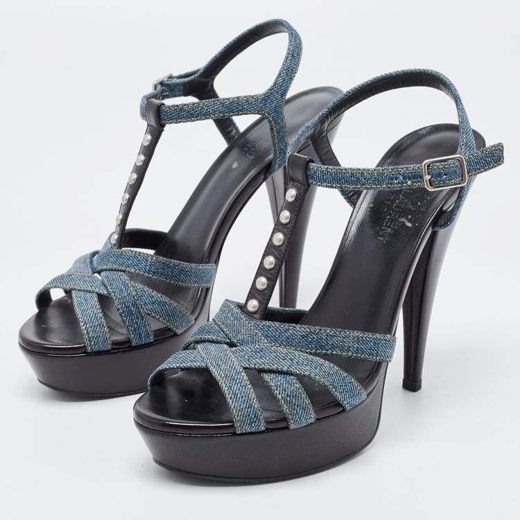Pre Owned Saint Laurent Blue/Black Denim and Studded Leather Platform Ankle Strap Sandals Size 38