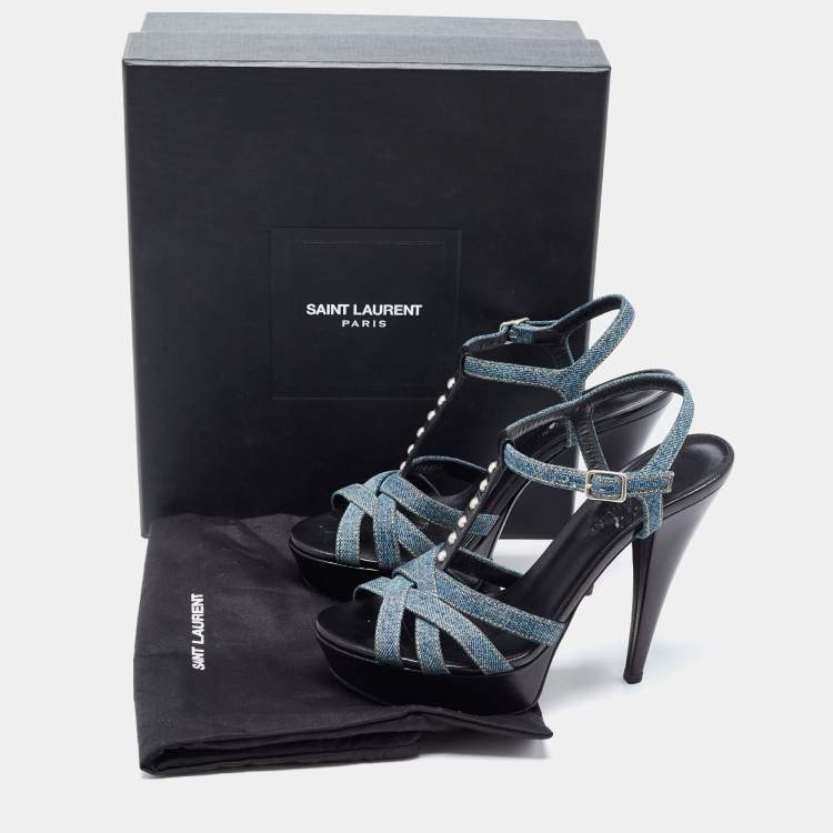 Pre Owned Saint Laurent Blue/Black Denim and Studded Leather Platform Ankle Strap Sandals Size 38