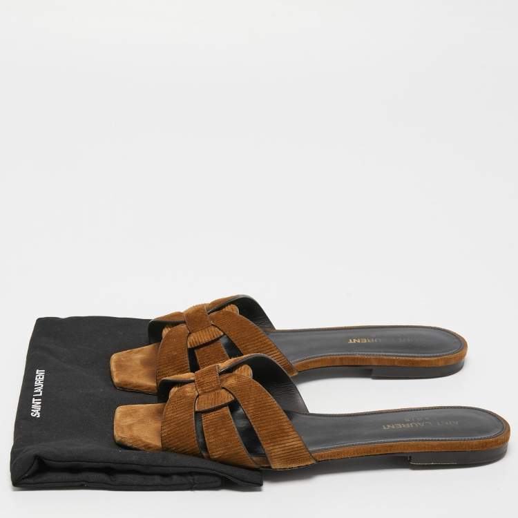 Pre Owned Saint Laurent Brown Suede Tribute Flat Slides Size 38