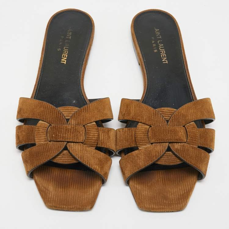 Pre Owned Saint Laurent Brown Suede Tribute Flat Slides Size 38