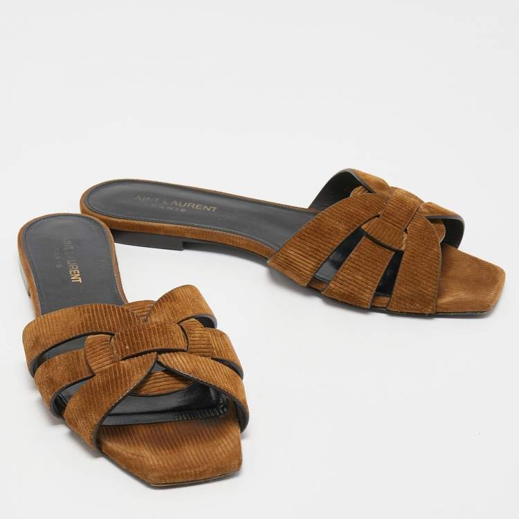 Pre Owned Saint Laurent Brown Suede Tribute Flat Slides Size 38